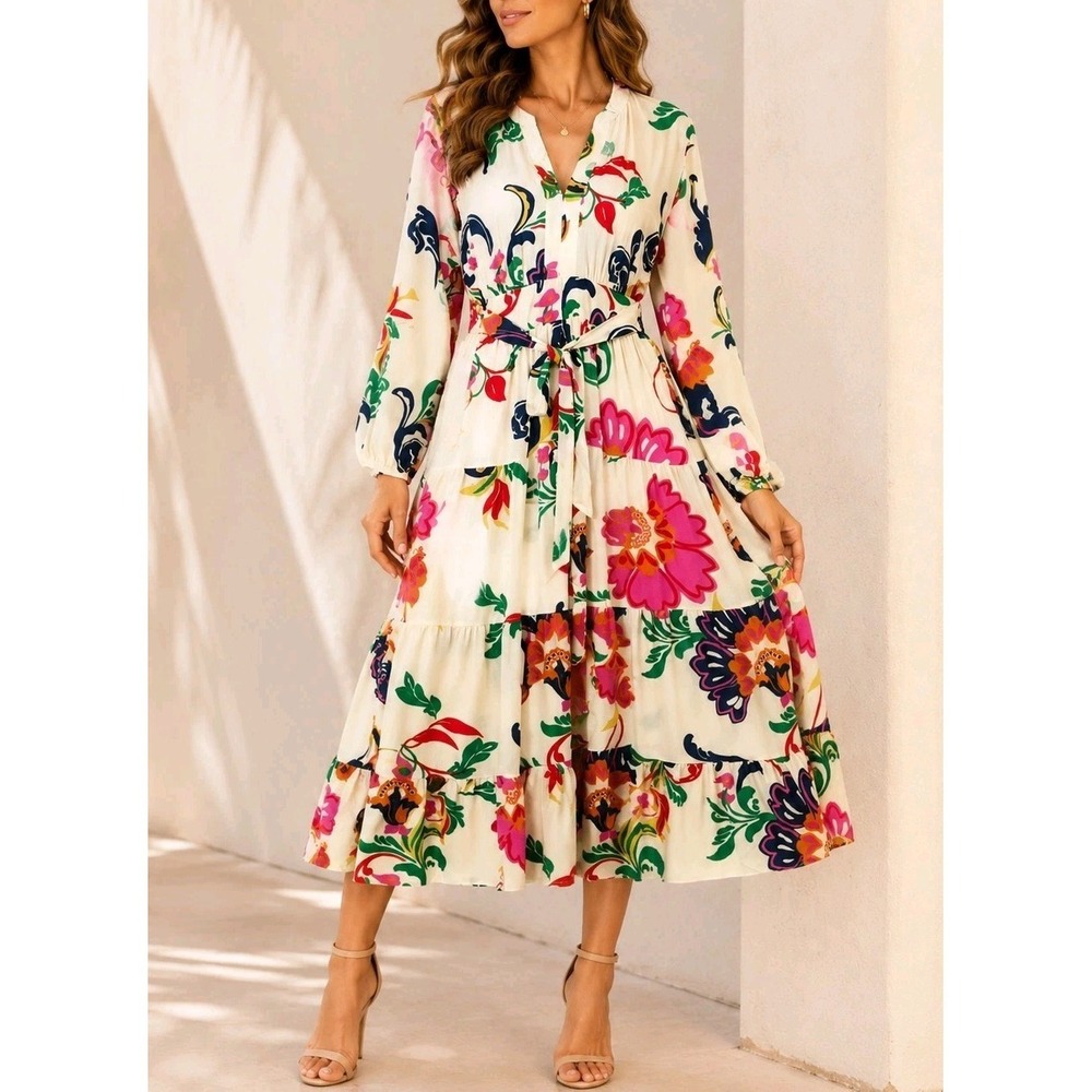 NWT Premier Amour Floral Midi Dress Belted Long Sleeve Lined Size 6 $89 MSRP